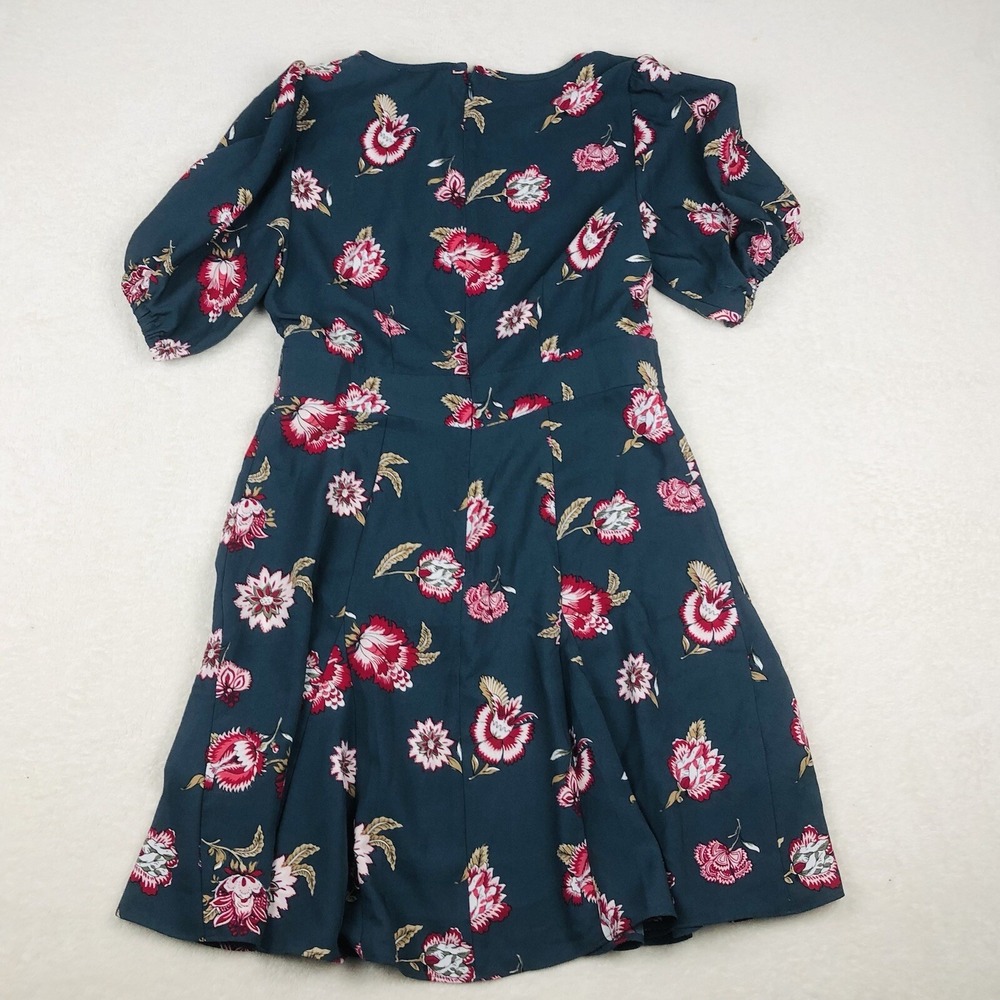 LOFT Womens 0 Dress Gray w Pink Floral Ruffle Crew Neck Short Sleeve Casual Midi - Picture 2 of 8